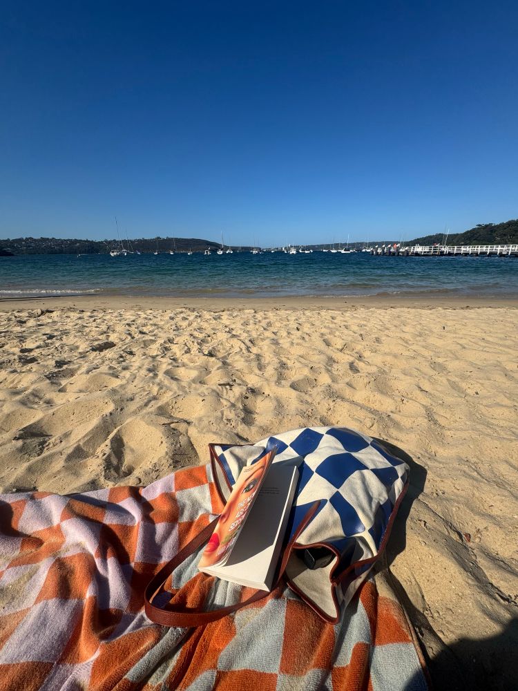 a book and a checkered bag sitting on the corner of a checkered towel on a beach with a view of the ocean in the background