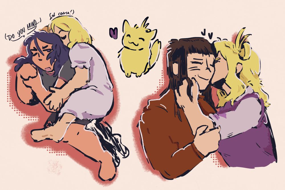Three digital drawings on the same canvas. From left to right:
1. Kanan and Mari cuddling. Mari has her entire arm and leg on Kanan's body. Kanan has one eye open, looking over at Mari. The dialogue reads:
Kanan: Do you mind...?
Mari: Of course!
2. A small doodle of cat Mari. She's smiling with a heart next to her.
3. Mari kissing Dia on the cheek. Her hand is placed near the side of her face, entangled in Dia's hair. Dia is smiling.