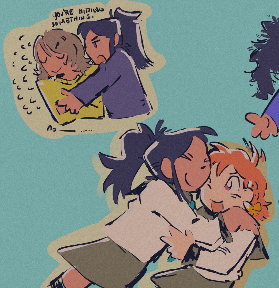 A digital drawing of Kanan hugging Chika and You. 
In the upper left corner, Kanan is hugging a very nervous You. The dialogue reads:
Kanan: You're hiding something.
You: No..............

In the lower right corner, Kanan is hugging a smiling Chika. Chika's cowlick is wagging like a dog's tail.