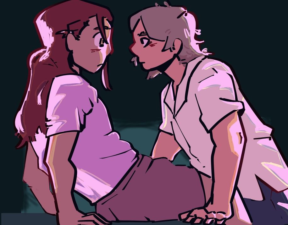 A digital drawing consisting of primarily cold colors. The drawing focuses on two characters, You Watanabe and Riko Sakurauchi, from Love Live. Riko is sitting, backed up against an object of some kind. She is looking at You with wide eyes, blushing. You is standing, staring intensely at Riko, blushing.