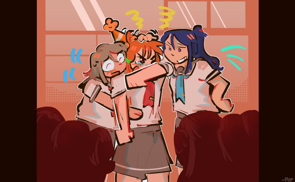 A digital drawing of Chika, You and Kanan from Love Live in their school uniforms. Chika, clad with a birthday hat, is tearing up, hiding her face with her arm. She is looking at Kanan, slightly annoyed. Kanan is grinning while ruffling Chika's hair. You is to the side of Chika, hugging her while trying to placate her.
The rest of Aqours is implied to be in the foreground as shadows. The background is an abstract version of the Aqours clubroom.