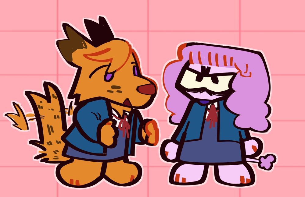 A digital drawing consisting of primarily warm colors. The drawing features two characters, Kanon Shibuya and Wien Margarete, from Love Live. They are drawn as anthropomorphic dogs. Kanon looks happily at Wien, while Wien is scowling and facing the audience.