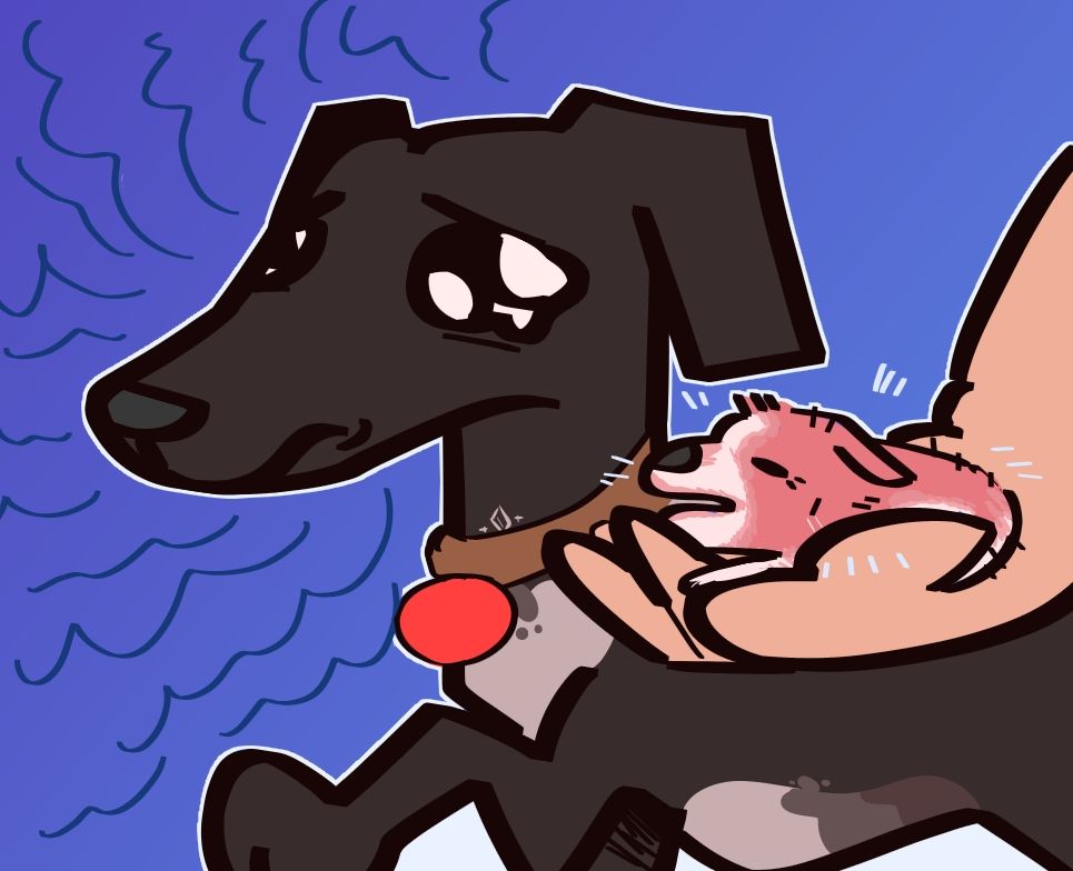 A digital drawing of a greyhound puppy making a disgusted face at a newborn greyhound. The newborn dog is in the palm of a person off-frame. The background is blue.