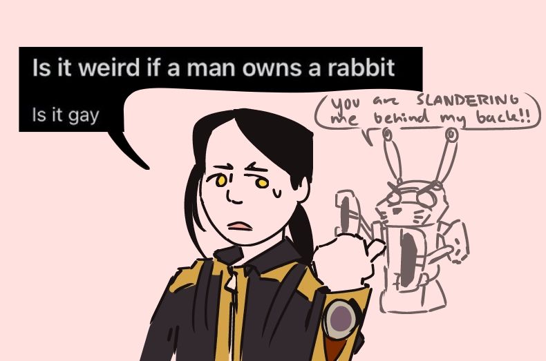 A digital drawing featuring Yoko Usami from Tokumei Sentai Go-Busters. Usada Lettuce stands behind her. Yoko's dialogue in the drawing is: "Is it weird if a man owns a rabbit. Is it gay". She is pointing at Usada, who says: "You are SLANDERING me behind my back!!"