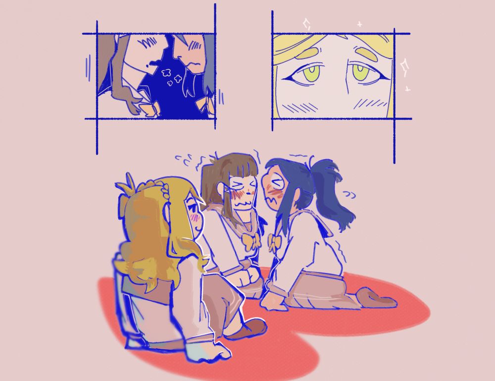 A digital drawing of Dia, Mari and Kanan from Love Live. The drawing is styled like a comic. The first frame(-ish) depicts the faces (though cut below the eyes) of Dia and Kanan, close together and nervous. The second frame is a zoomed in headshot of Mari's eyes. The third frame is Mari contently watching the squirming Dia and Kanan, leaning closely together.