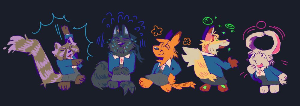 A digital drawing of the og5 of Liella as chibi animals. Keke is a red panda, Ren is a wolf, Kanon is a domestic dog, Sumire is a fox and Chisato is a bunny.