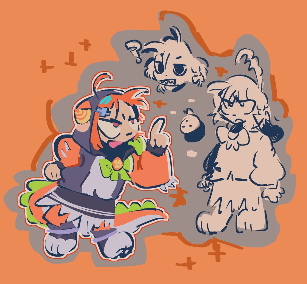 Three, small doodles of Chika from Love Live. She is portrayed in her Nightwicked form from the game Yohane the Parhelion Numazu in the Mirage. She is scowling in all of the doodles.