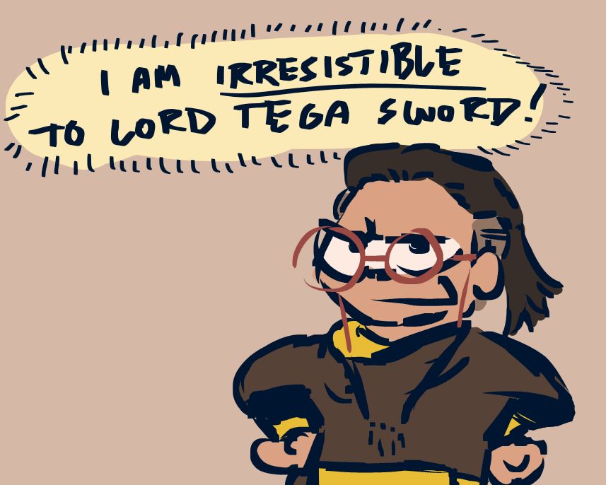 A digital drawing of a smug-looking Ryugi from No.1 Sentai Gozyuger. His thought bubble reads: "I am IRRESISTIBLE to Lord Tega Sword!"