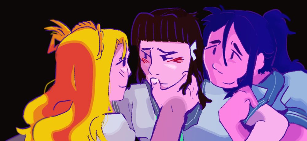 A digital drawing of Mari, Dia and Kanan from Love Live. Mari has a thumb on Dia's lip, while Kanan is holding her arm.