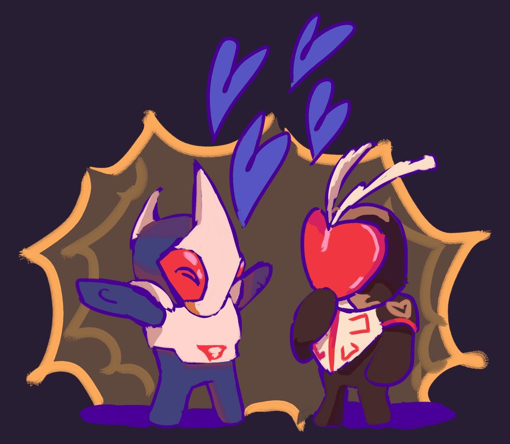A digital drawing of two chibi Kamen Riders, Blade and Chalice. Blade is stretching his arms out while Chalice is looking curiously at him. There's hearts around them.