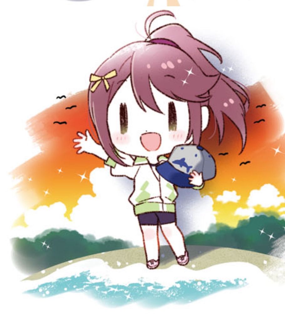 scan of akira by the beach holding a hat and waving. the hat has a dolphin on it (kanan...)