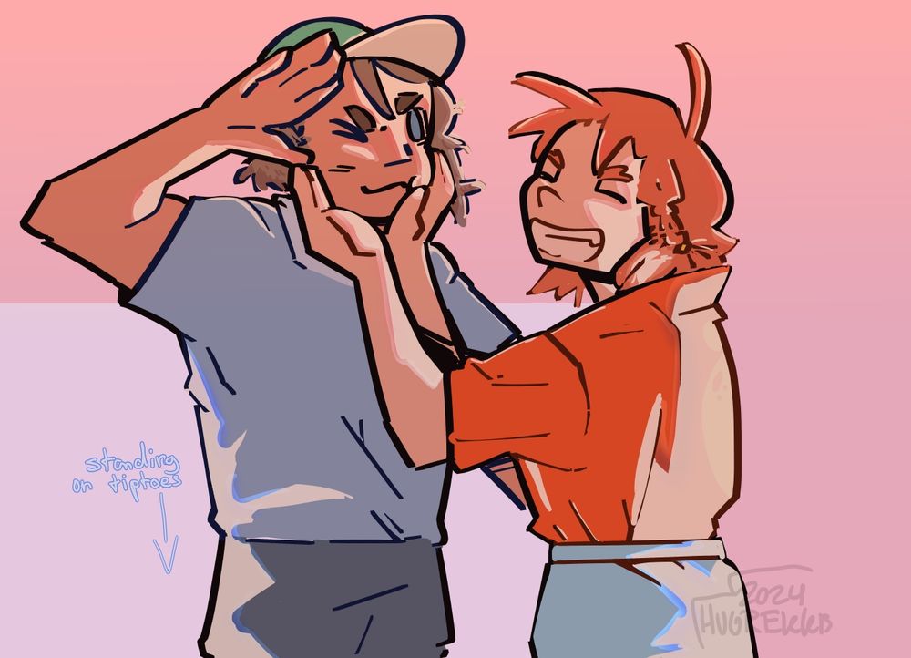 A digital drawing consisting of primarily warm colors. The drawing focuses on two characters, Chika Takami and You Watanabe, from Love Live. Chika holds You's face in her hands with a smile, facing the audience. You is winking at the audience, saluting. There's a text pointed at You's shoes (out of frame), saying "standing on tiptoes".