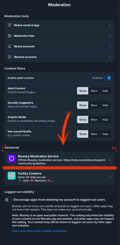 An image showing Bsky moderation page with an arrow pointing to the Moderation service.