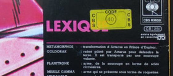 Début du lexique du même 33 tours, qui commence par "METAMORPHOS : transformation d'Actarus en Prince d'Euphor"
