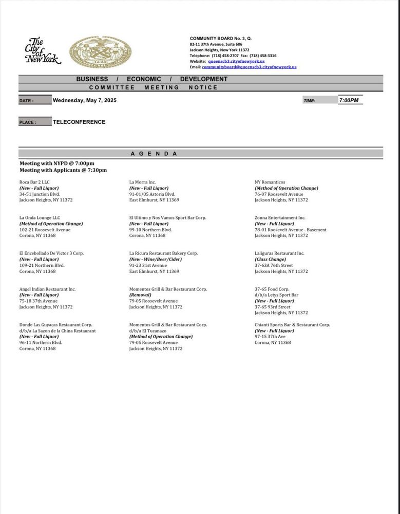 Page 1 of agenda for Queens Community Board 3 – Health and Business Economic Development Committee Meeting  on Wednesday, May 7, 2025 at 7:30 PM
