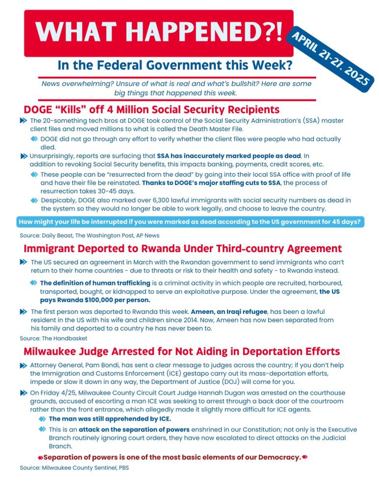 Text on this flyer is too long, here is a summary:

DOGE took over the Social Security Administration’s master client files and moved 4 million people to the Death Master File without verifying if they were actually deceased. This caused disruptions in Social Security benefits and other essential services. Affected individuals must prove they are alive at a local SSA office, with reinstatement taking 30–45 days.

The U.S. has made an agreement with Rwanda to traffic certain immigrants there for $100,000 per person. Ameen, an Iraqi refugee and U.S. resident since 2014, was sent to Rwanda, separating him from his family.

Attorney General Pam Bondi warned judges to cooperate with ICE or face consequences. Judge Hannah Dugan was arrested for allegedly helping a man avoid ICE.