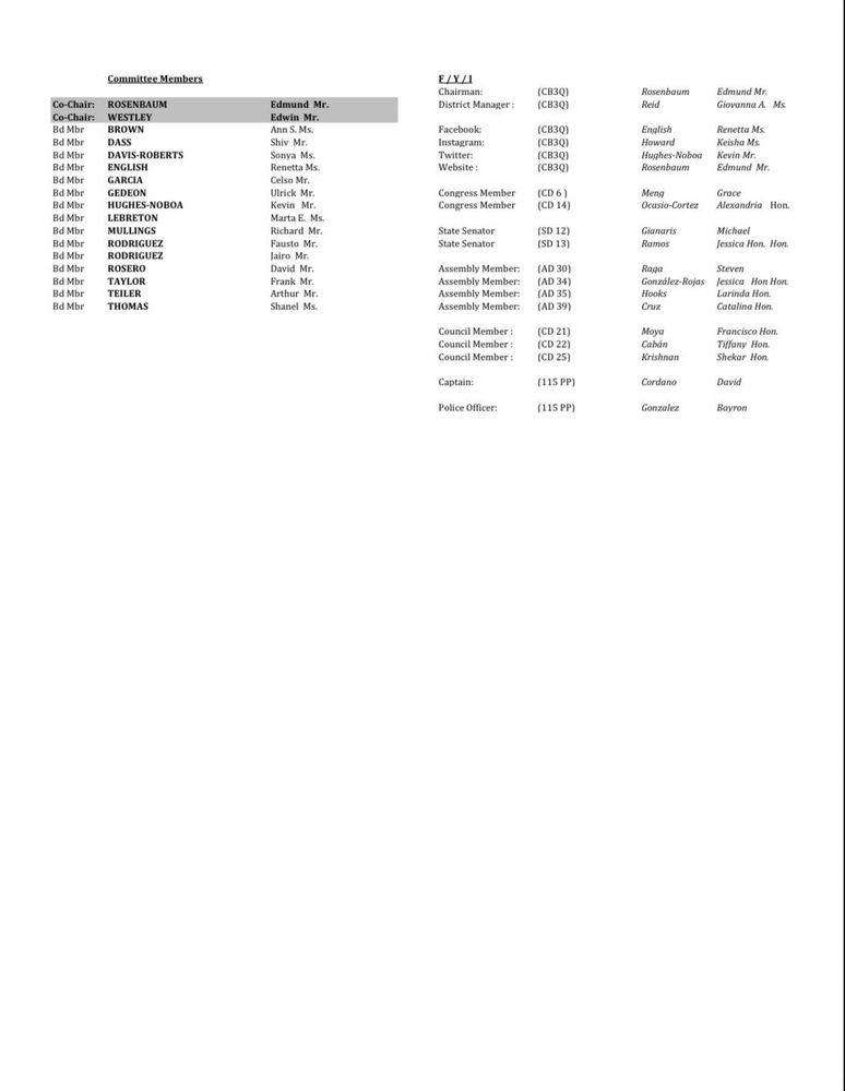 Page 1 of agenda for Queens Community Board 3 – Health and Business Economic Development Committee Meeting  on Wednesday, May 7, 2025 at 7:30 PM