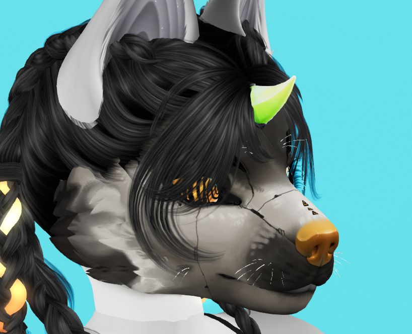 the same model wearing a green horn infront of a blue background