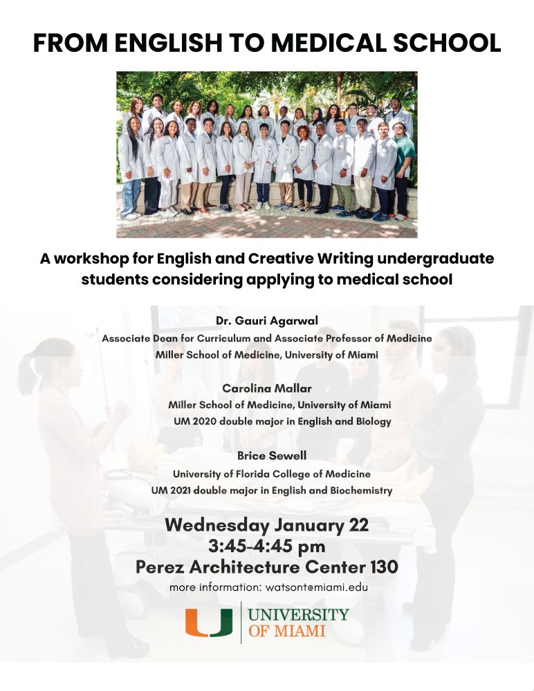 A flyer for a workshop offered at the University of Miami on January 22 "From English to Medical School: A workshop for English and Creative Writing undergraduate students considering applying to medical school".