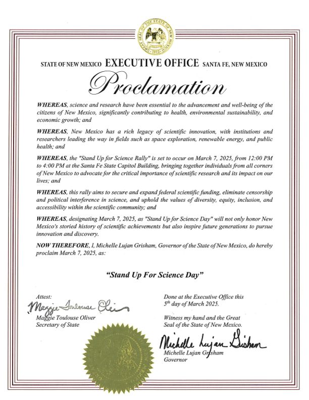 Image is of an official proclamation by the State of New Mexico with an official seal, declaring March 7, 2025 to be "Stand Up For Science" Day.