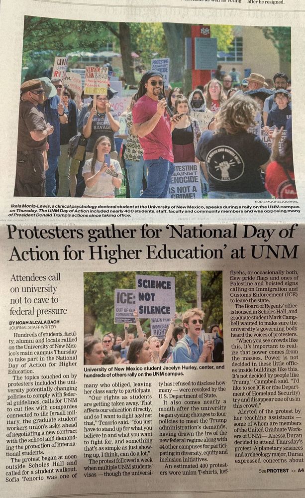 Newspaper article with headline "Protesters gather for 'National Day of Action for Higher Education' at UNM" featuring two images, one of a speaker with a microphone, and another of the crowd holding signs that read "Science Not Silence" and other remarks about keeping ICE off campus.
