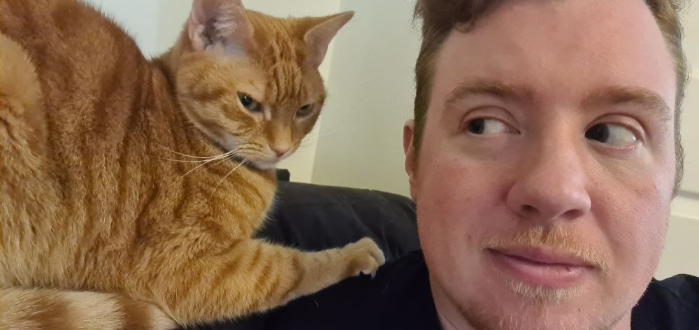A ginger tabby sitting on the back of a black sofa, with his paw touching his owner's shoulder. The owner is a man with light brown hair, glancing over to the cat st his shoulder.
