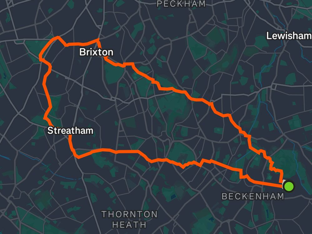 Map of South London showing my running route