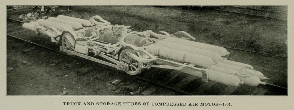 A photo captioned "Truck and storage tubes of compressed air motor-car."  It is two pairs of railway wheels on a track, connected to a piston with several compressed air tanks laid flat in front and behind.