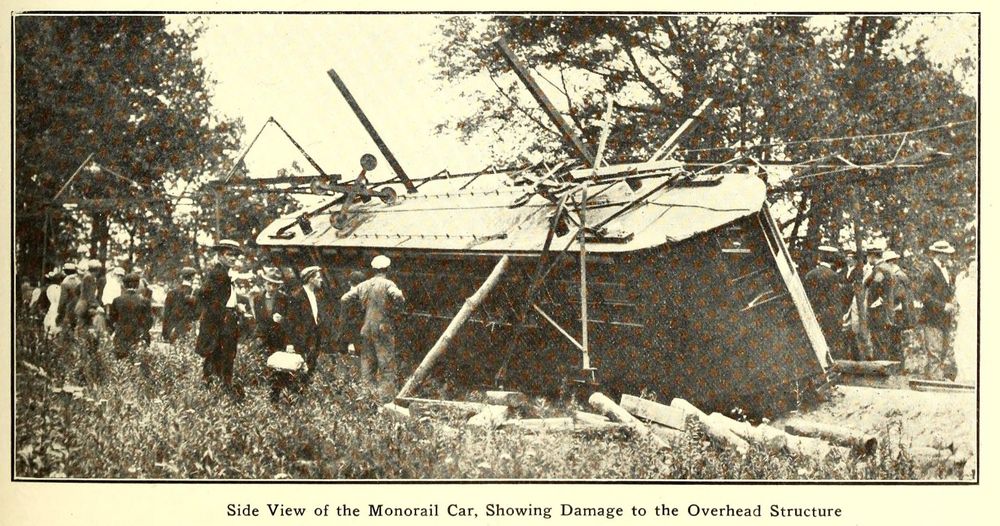 Another picture of the monorail fallen over, taken from a different angle.