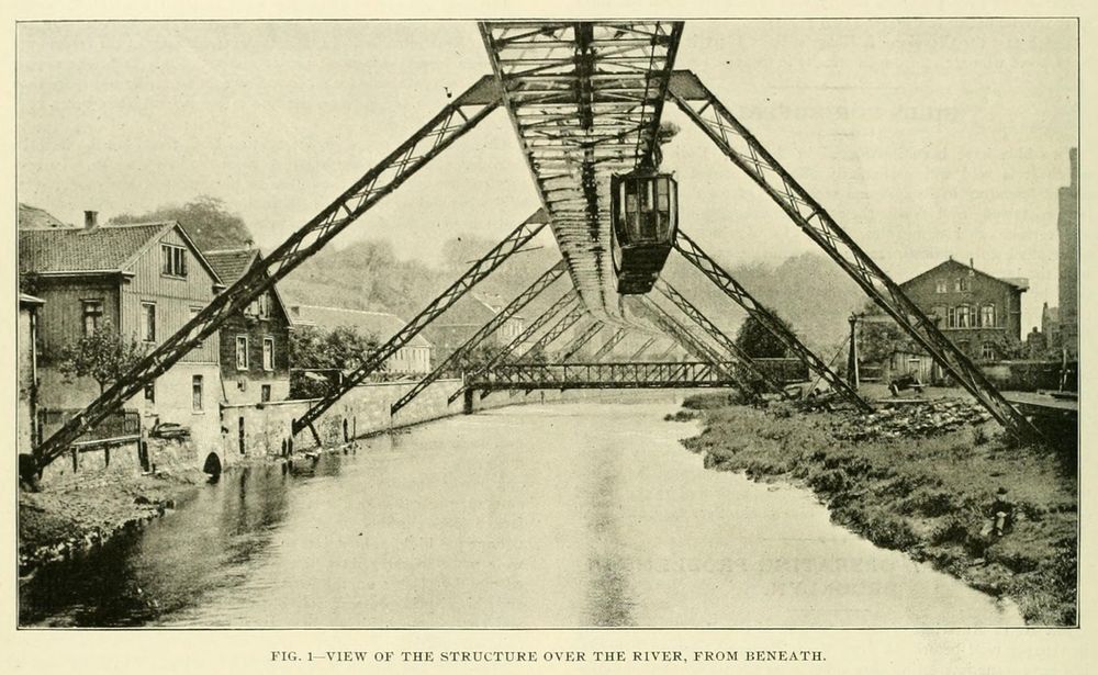 A two-track hanging monorail, suspended by spindly truss legs over a river, viewed looking down the river.