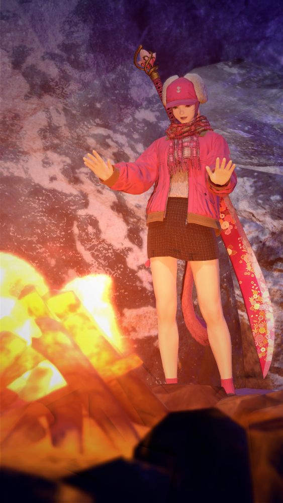 A miqo'te from Final Fantasy XIV in the Wintertide glam, largely dyed cherry pink, warming her hands in front of a campfire in a snowy locale. She is very pink.