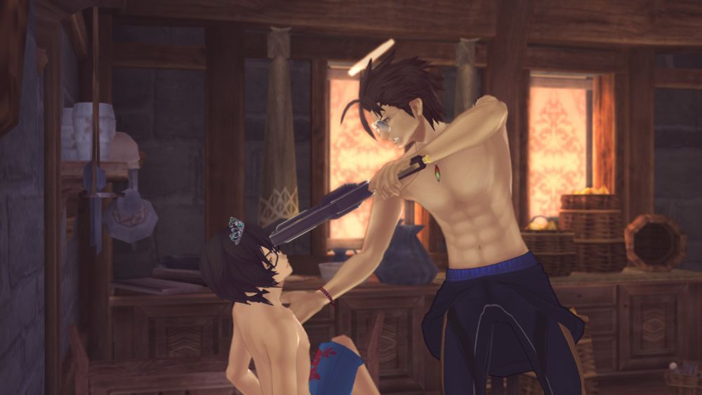 Alvin grabbing a listless Jude and holding a gun to his head. Both of them are in swimsuits and Alvin's abs are on full display. There's a beautiful sunset glow in the room. ^_^ What a gorgeous day to be doing whatever this is!