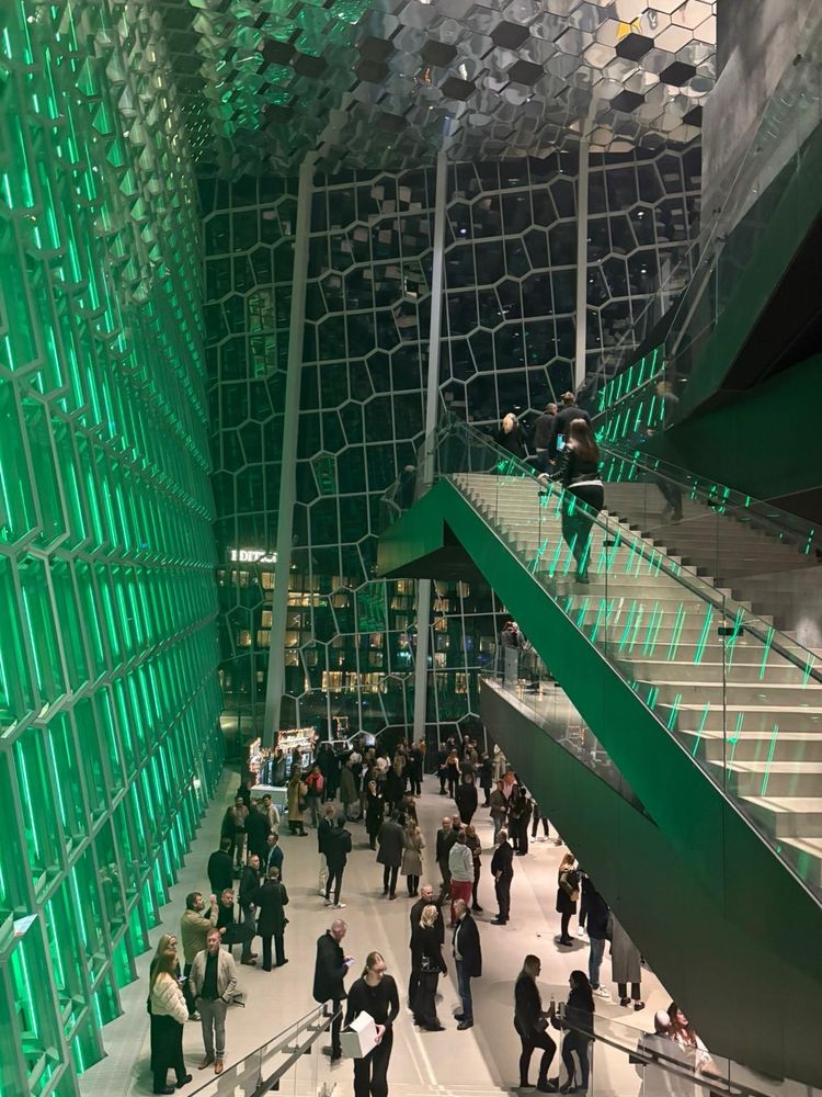 Intérieur du Harpa, avec ses escaliers larges en béton ciré et plutôt un public trentenaire à quinqua - bien sapé pour l’occasion.