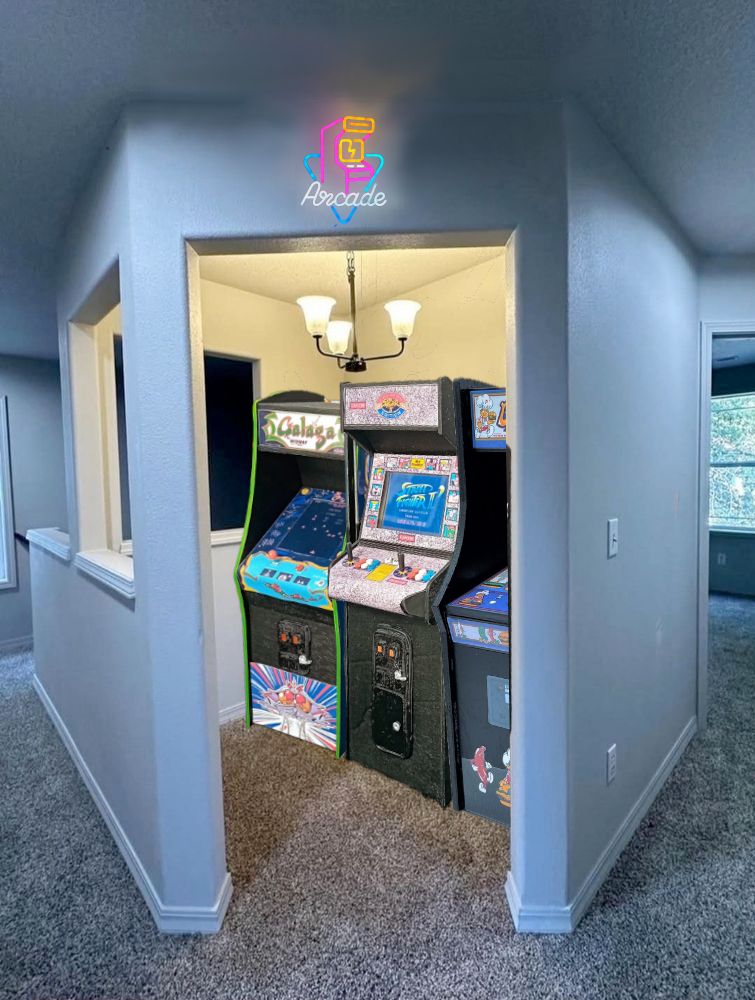 tiny arcade with galaga, street fighter and burgertime full sized arcade games