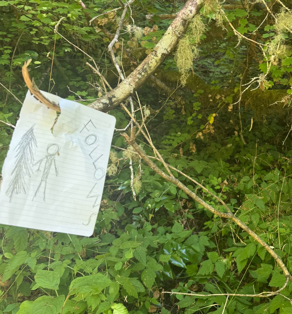 while walking the pups, we came upon a sign/note impaled on a broken tree branch along the trail with a crudely drawn, very tall, narrow pine tree and an almost-as-tall stick figure with the word "FOLLOWS" 
