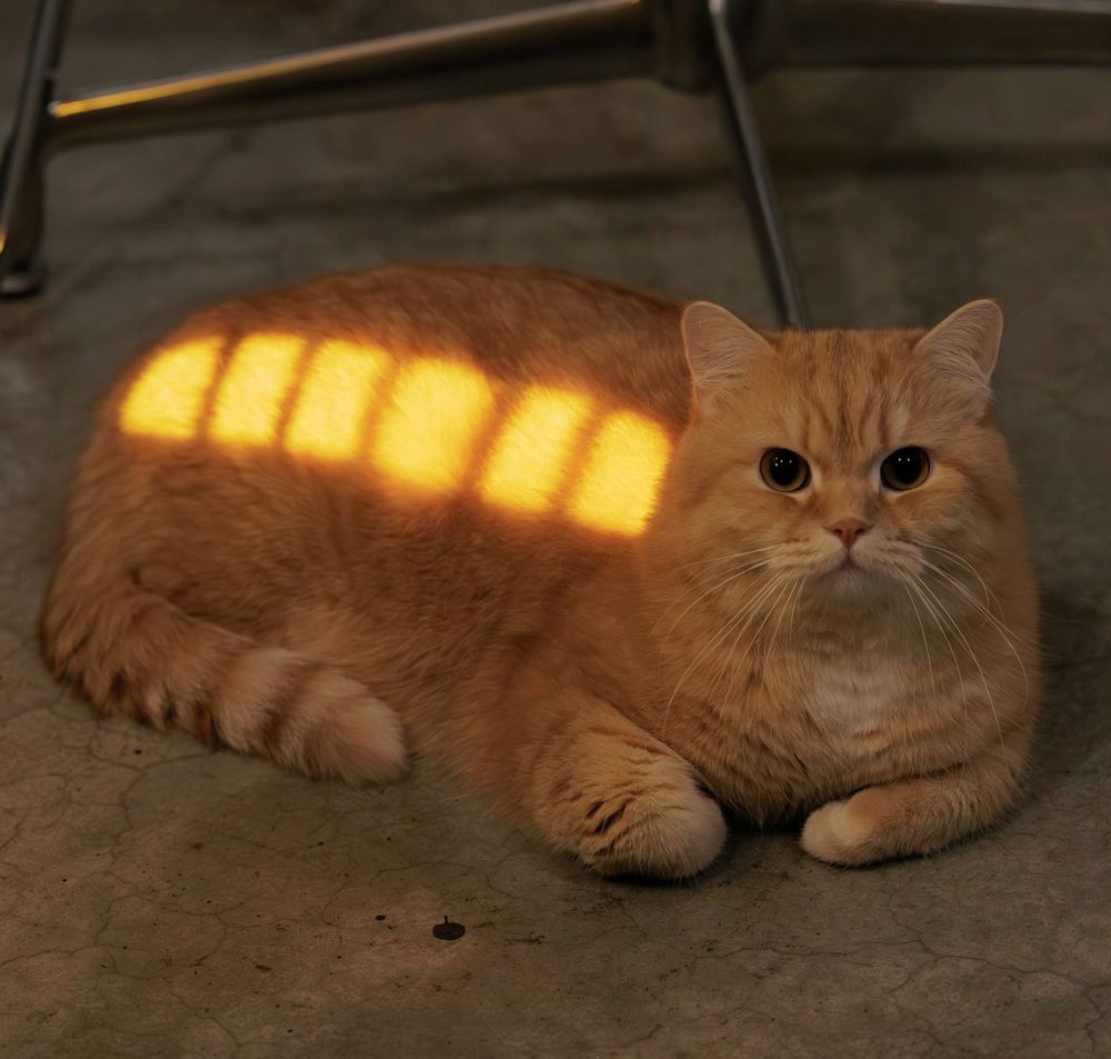 orange cat lying on floor with square lights reflected on his flank that resembles lit windows