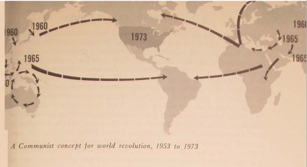 Map captioned "A Communist concept for world revolution, 1953 to 1973," showing arrows from Algeria to Hudson Bay and a circular pattern around New Guinea. Accompanies Col. Robert W. Fish, "USAF Role in the Cold War," Air University Quarterly Review 13, no. 4 (Summer 1962): 75-83, https://www.airuniversity.af.edu/Portals/10/ASPJ/journals/1962_Vol14_No1-6/1962_Vol13_No4.pdf