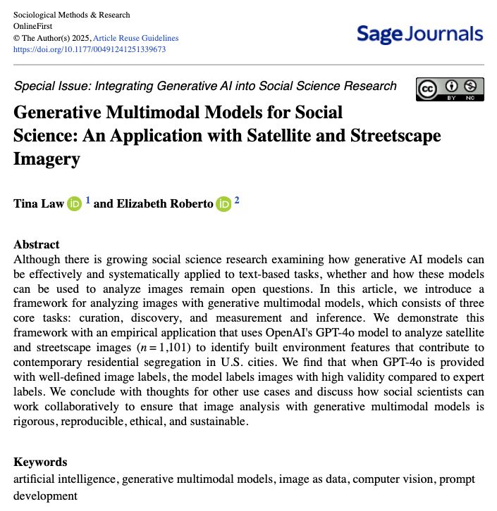 Abstract for "Generative Multimodal Models for Social Science: An Application with Satellite and Streetscape Imagery" by Tina Law and Elizabeth Roberto