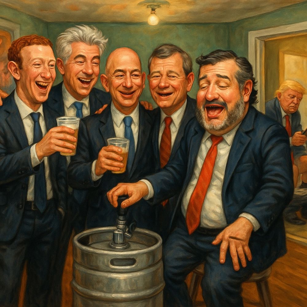 Mark Zuckerberg, bill ackman, Jeff bezos, John Roberts, and a visibly drunk Ted Cruz sit around a kegger. Donald Trump sits on a toilet in an adjacent room reading his phone