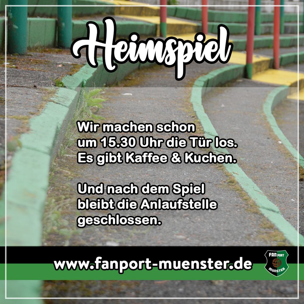 Heimspiel

Wir machen schon um 15.30 Uhr die Tür los.
Es gibt Kaffee & Kuchen.
Und nach dem Spiel bleibt die Anlaufstelle geschlossen.