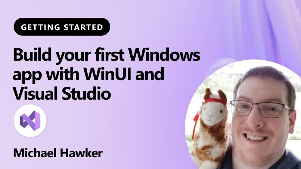 spot art.
Photo of presenter(s).
text reads: Build your first Windows app with WinUI and Visual Studio