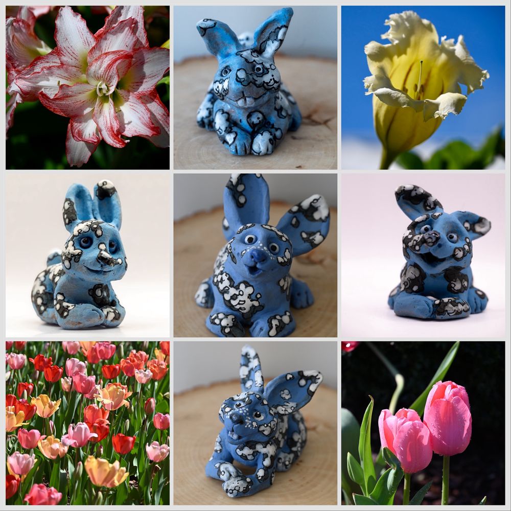 A collage of ceramic cloud bunnies and photos of spring flowers, created by the members of Leafmore Studios. 