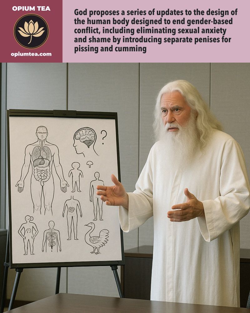 God proposes a series of updates to the design of the human body designed to end gender-based conflict, including eliminating sexual anxiety and shame by introducing separate penises for pissing and cumming.