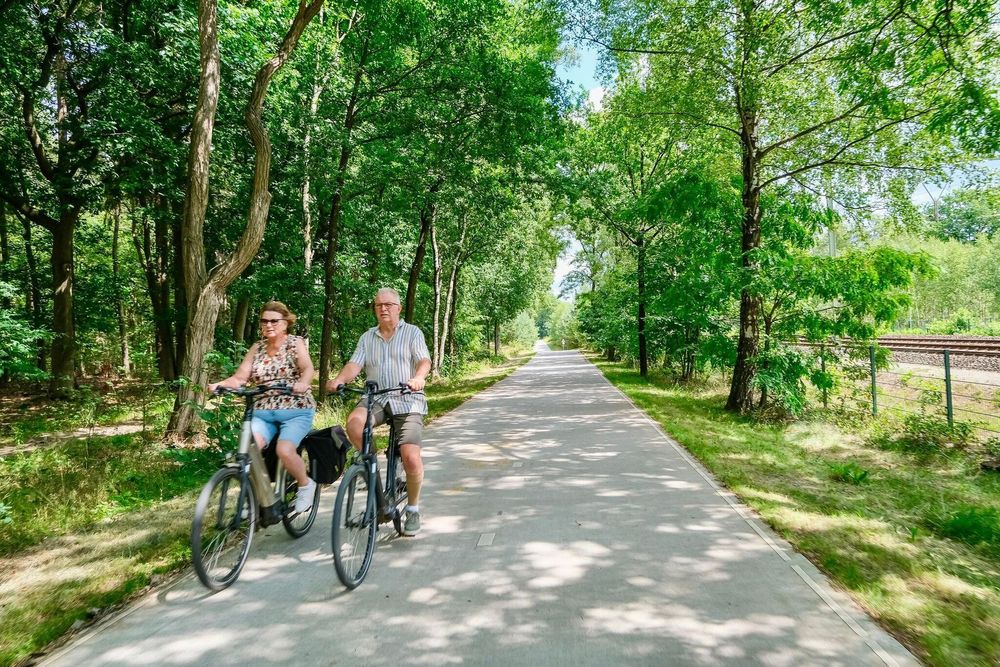 People riding along green cycle path