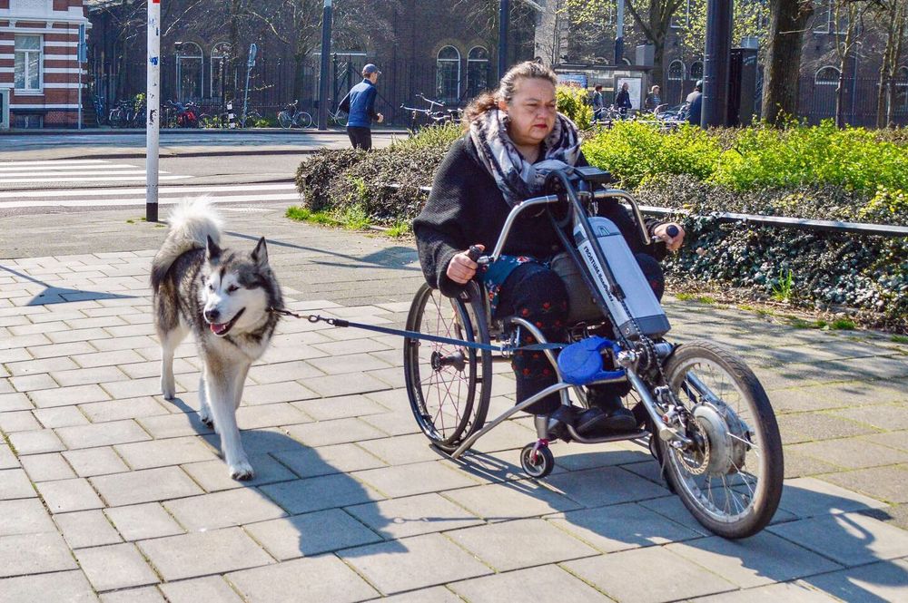 People of all ages and abilities ride a wide variety of two- and three wheeled mobility devices along protected bike infrastructure in the Netherlands.