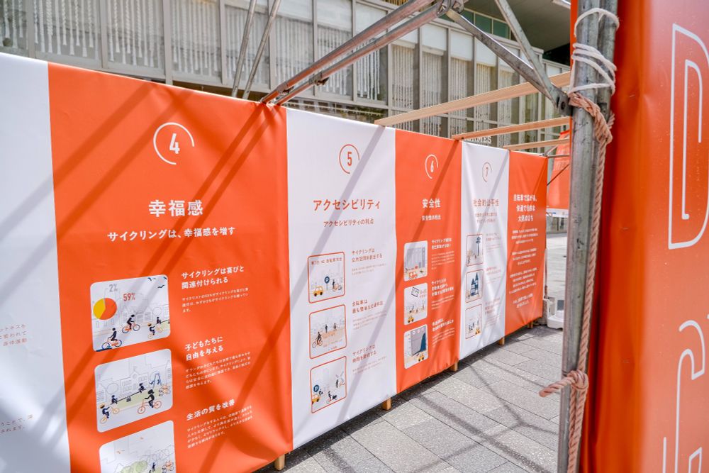 Photos of an orange and white exhibition consisting of photos and Japanese characters, on the theme “Dutch Cycling Culture”, set up along a busy foot and cycle path in the centre of Osaka.