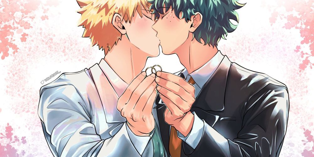 Drawing of Katsuki and Izuku from MHA wearing a white and a black suit, respectfully. They are kissing and both holding up wedding rings to the viewer. In the background there are pink cherry blossoms.