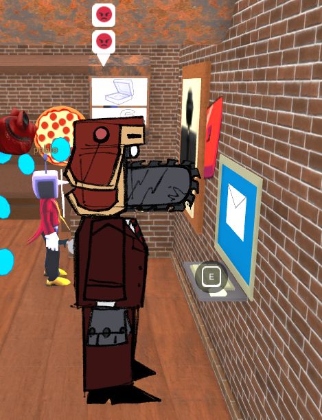 Chip Revvington (Personality Override) looking at a computer on the wall of a Pizza Place while making angry emotes.