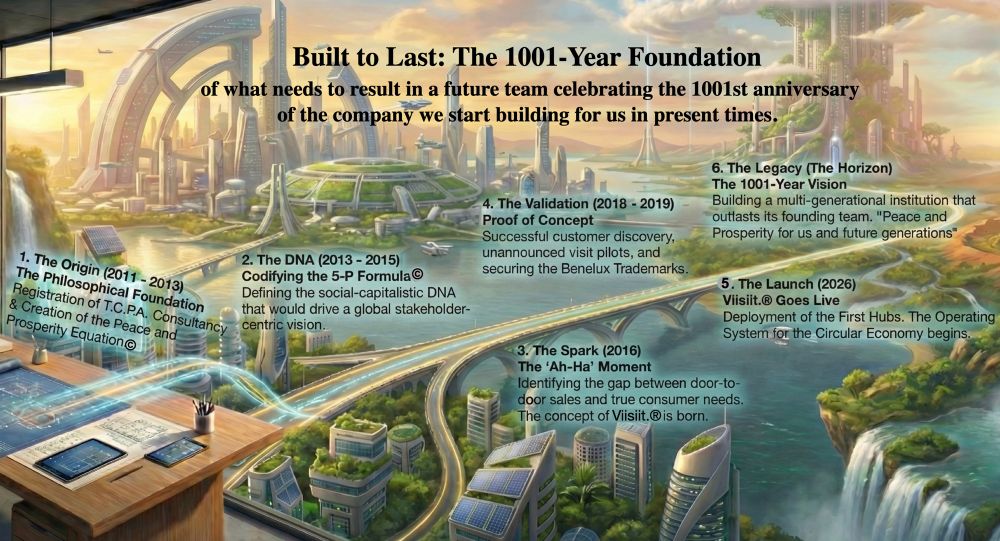 An image I made with Gemini to give a brief roadmap of Tiiendemanns Group / Viisiit.®, and visually showing from what we can make of today to how it could be in the future, and the following text:

Built to Last: The 1001-Year Foundation
of what needs to result in a future team celebrating the 1001st anniversary of the company we start building for us in present times.

1. The Origin (2011 - 2013)
The Philosophical Foundation
Registration of T.C.P.A. Consultancy & Creation of the Peace and Prosperity Equation©

2. The DNA (2013 - 2015)
Codifying the 5-P Formula ©
Defining the social-capitalistic DNA that would drive a global stakeholder-centric vision.

3. The Spark (2016)
The 'Ah-Ha' Moment
Identifying the gap between door-to-door sales and true consumer needs.
The concept of Viisiit.® is born.

4. The Validation (2018 - 2019)
Proof of Concept
Successful customer discovery, unannounced visit pilots, and securing the Benelux Trademarks.

5. The Launch (2026)
Viisiit.® Goes Live
Deployment of the First Hubs. The Operating System for the Circular Economy begins.

6. The Legacy (The Horizon)
The 1001-Year Vision
Building a multi-generational institution that outlasts its founding team. "Peace and Prosperity for us and future generations"
