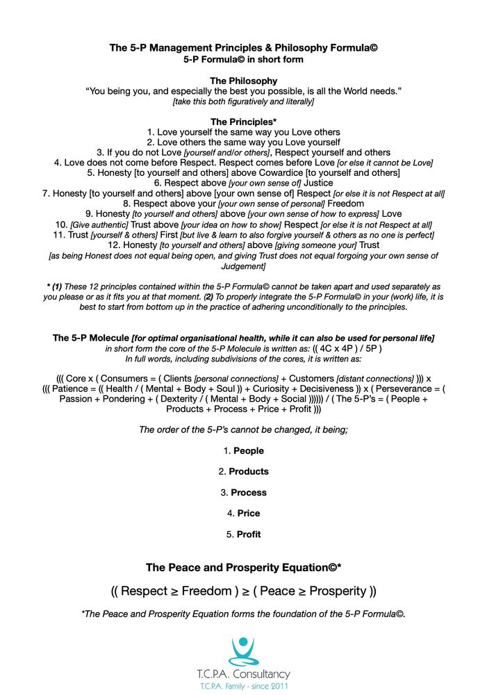 The 5-P Management Principles & Philosophy Formula©

5-P Formula© in short form

The Philosophy
"You being you, and especially the best you possible, is all the World needs."
Itake this both figuratively and literally]

The Principles*
1. Love yourself the same way you Love others
2. Love others the same way you Love yourself
3. If you do not Love [yourself and/or others], Respect yourself and others
4. Love does not come before Respect. Respect comes before Love [or else it cannot be Love]
5. Honesty [to yourself and others] above Cowardice [to yourself and others]
6. Respect above [your own sense of Justice
7. Honesty [to yourself and others] above [your own sense of] Respect [or else it is not Respect at all]
8. Respect above your [your own sense of personal] Freedom
9. Honesty [to yourself and others] above [your own sense of how to express] Love
10. [Give authentic] Trust above [your idea on how to show] Respect [or else it is not Respect at all]
11. Trust [yourself & others] First [but live & learn to also forgive yourself & others as no one is perfect]
12. Honesty [to yourself and others] above [giving someone your Trust, as being Honest does not equal being open, and giving Trust does not equal forgoing your own sense of Judgement]

* (1) These 12 principles contained within the 5-P Formula© cannot be taken apart and used separately as you please or as it fits you at that moment. (2) To properly integrate the 5-P Formula© in your (work) life, it is best to start from bottom up in the practice of adhering unconditionally to the principles.

The Peace and Prosperity Equation©*
((Respect ≥ Freedom ) ≥ ( Peace ≥ Prosperity ))
*The Peace and Prosperity Equation forms the foundation of the 5-P Formula©.